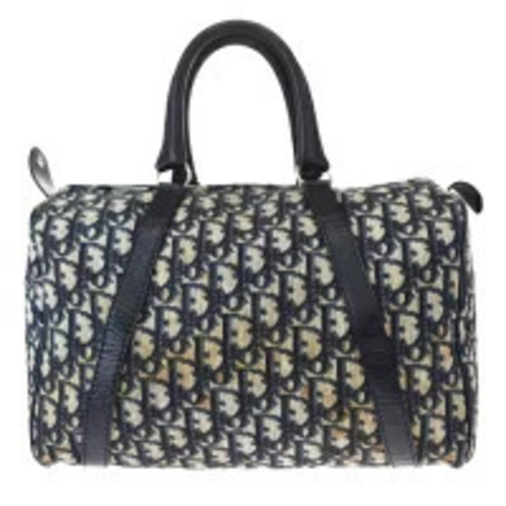Christian Dior Trotter Handbag Boston Navy Blue Canvas Leather